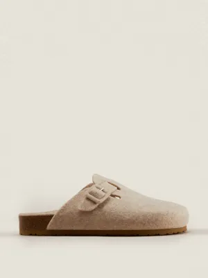 Covered buckle felt mule slippers