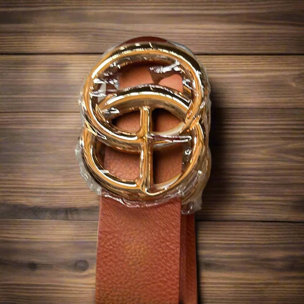 Double metal ring faux leather buckle belt