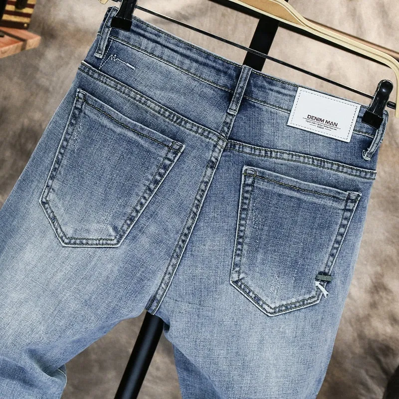 West Louis Men Skinny Stretch Light Blue Streetwear Denim Jeans
