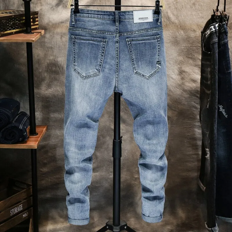West Louis Men Skinny Stretch Light Blue Streetwear Denim Jeans