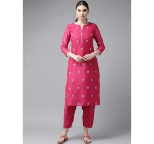 Women'S Pink & Cream-Coloured Embroidered Kurta With Trousers
