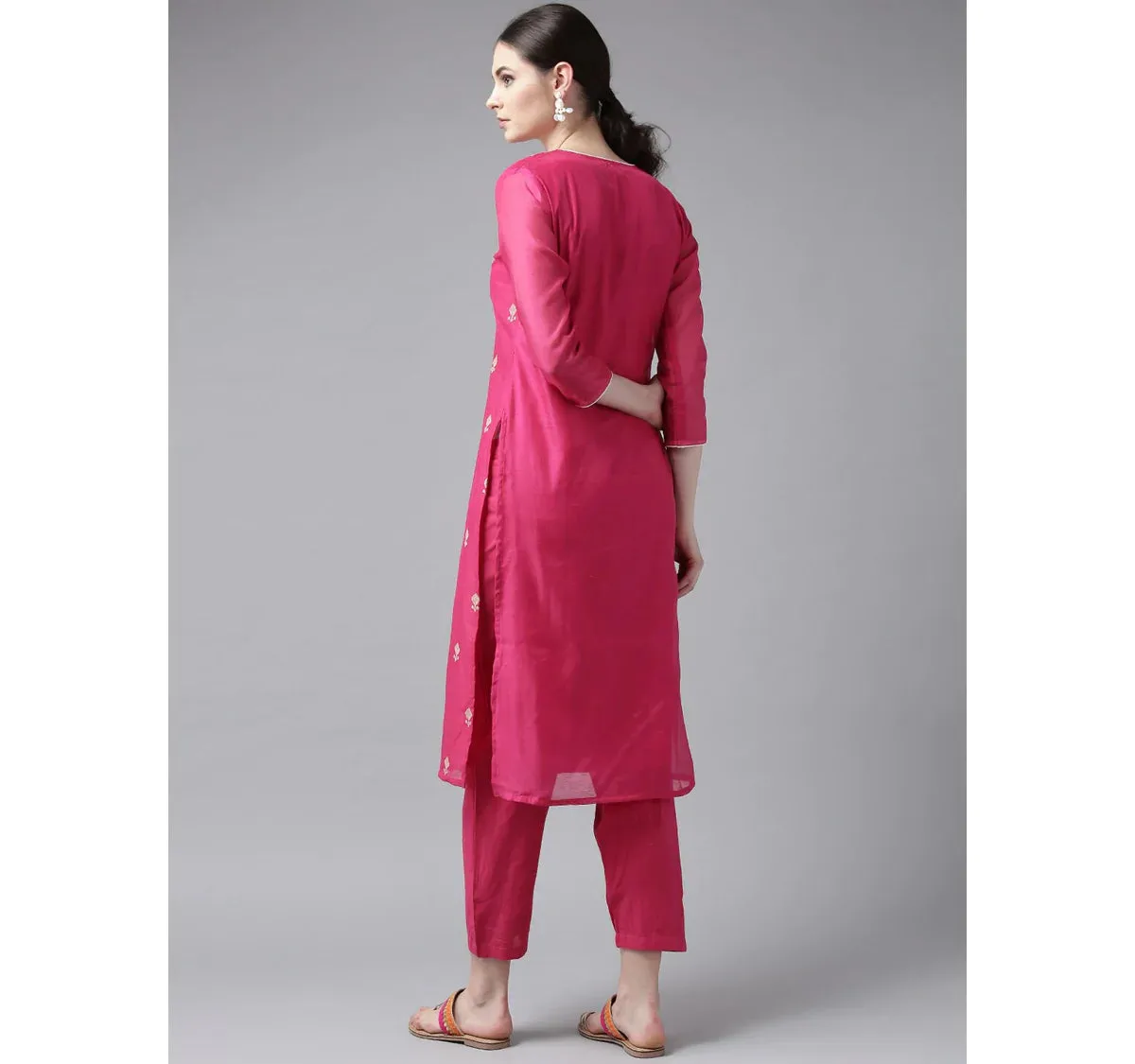 Women'S Pink & Cream-Coloured Embroidered Kurta With Trousers