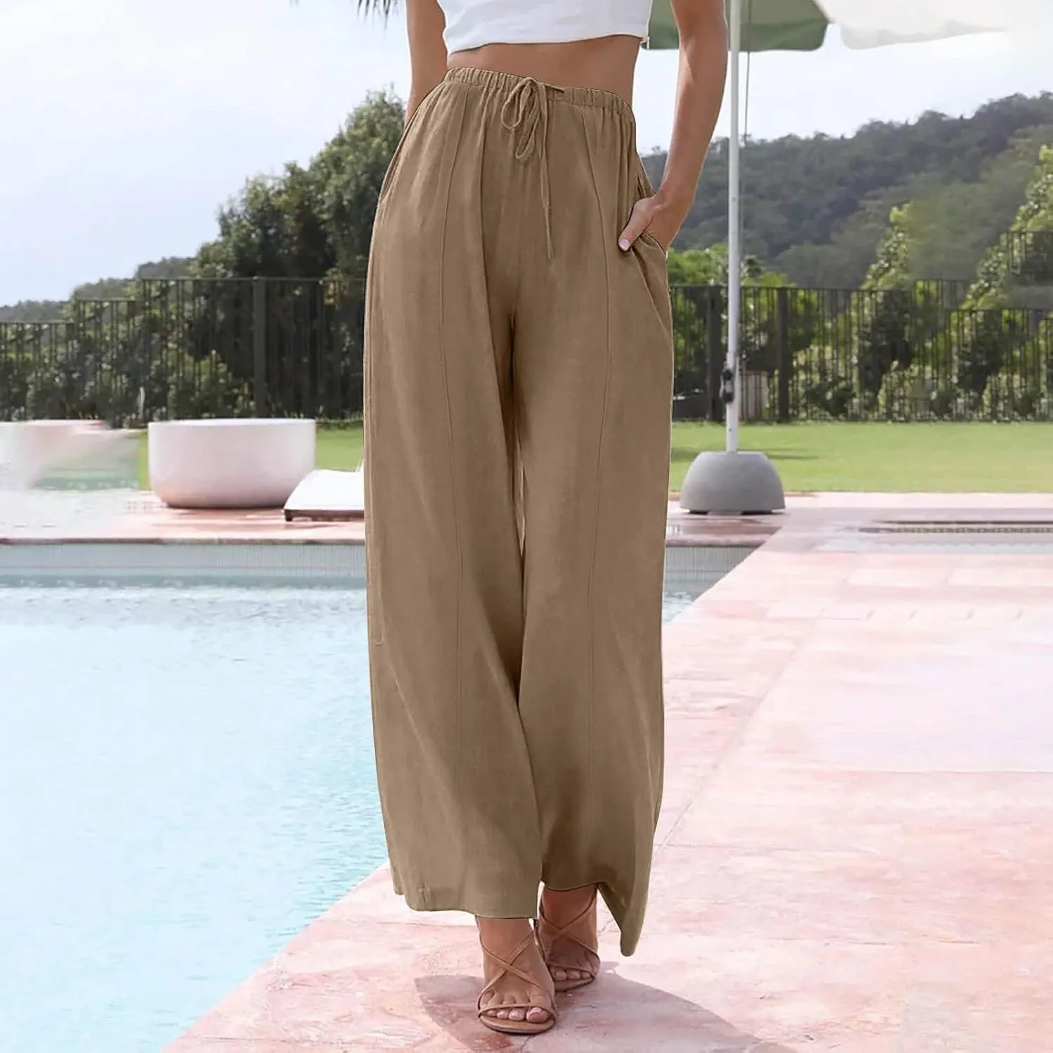 Womens Summer Palazzo Linen Pants Casual Loose High Waist Wide Leg Pant Boho Flowy Beach Vacation Lounge Trousers
