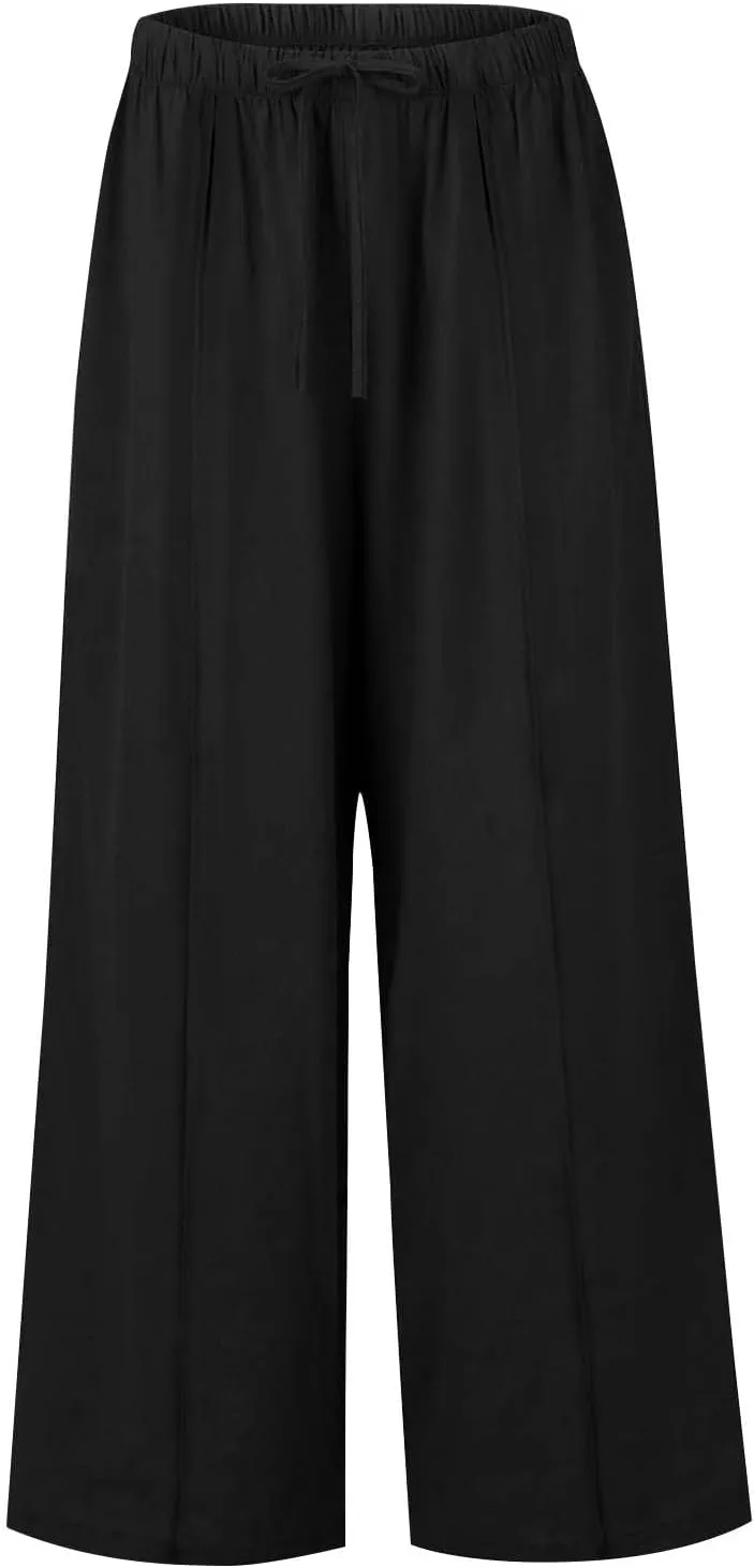 Womens Summer Palazzo Linen Pants Casual Loose High Waist Wide Leg Pant Boho Flowy Beach Vacation Lounge Trousers