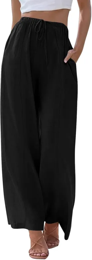 Womens Summer Palazzo Linen Pants Casual Loose High Waist Wide Leg Pant Boho Flowy Beach Vacation Lounge Trousers