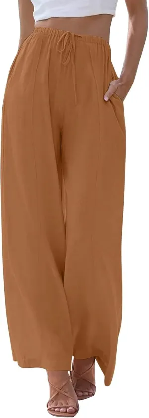 Womens Summer Palazzo Linen Pants Casual Loose High Waist Wide Leg Pant Boho Flowy Beach Vacation Lounge Trousers