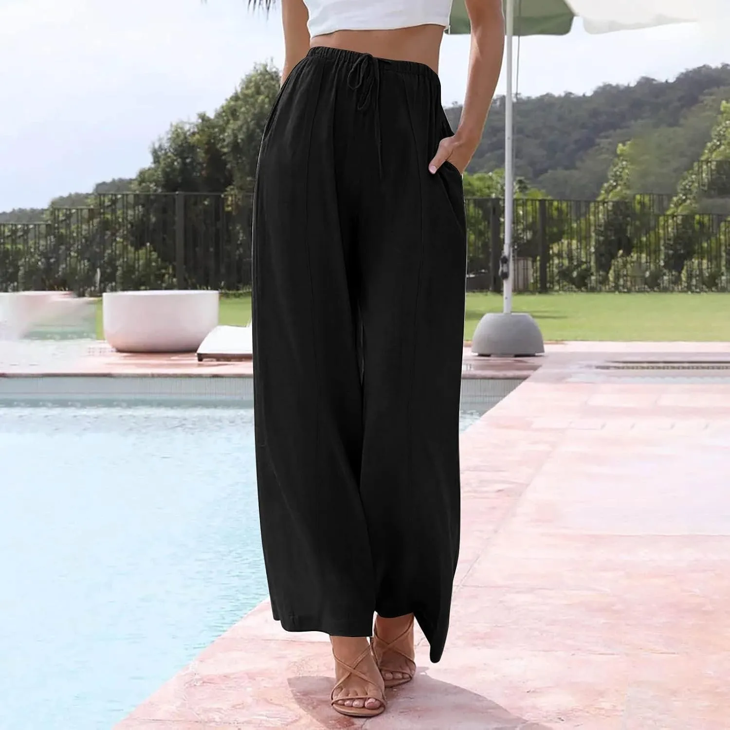 Womens Summer Palazzo Linen Pants Casual Loose High Waist Wide Leg Pant Boho Flowy Beach Vacation Lounge Trousers
