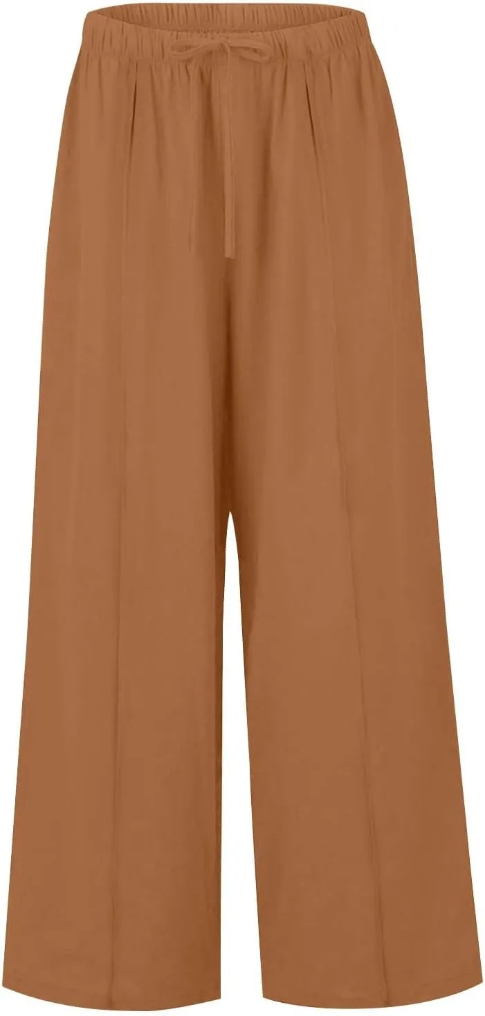 Womens Summer Palazzo Linen Pants Casual Loose High Waist Wide Leg Pant Boho Flowy Beach Vacation Lounge Trousers