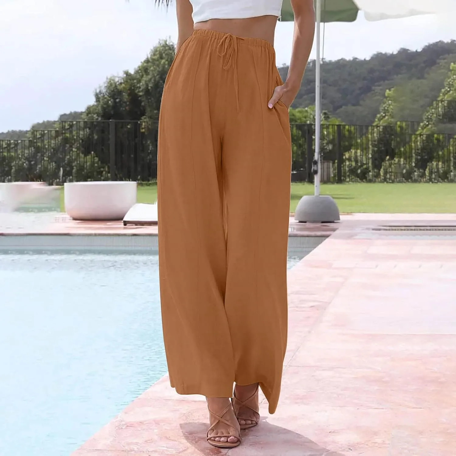 Womens Summer Palazzo Linen Pants Casual Loose High Waist Wide Leg Pant Boho Flowy Beach Vacation Lounge Trousers