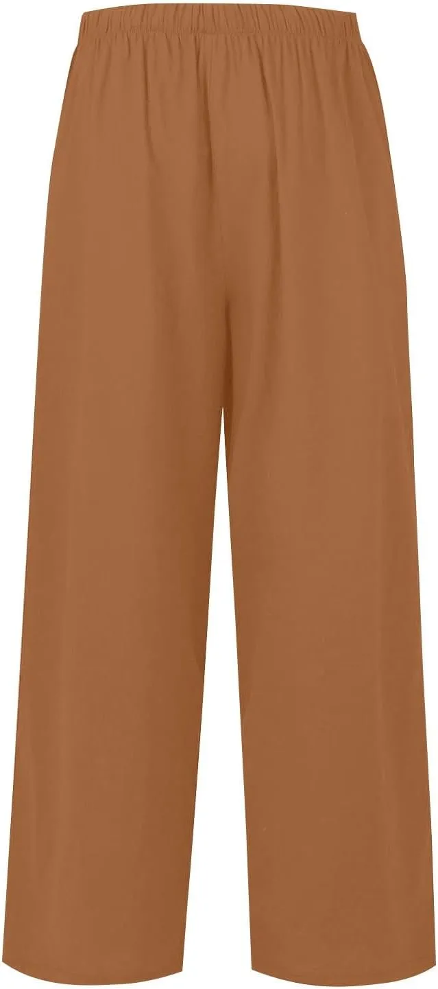 Womens Summer Palazzo Linen Pants Casual Loose High Waist Wide Leg Pant Boho Flowy Beach Vacation Lounge Trousers