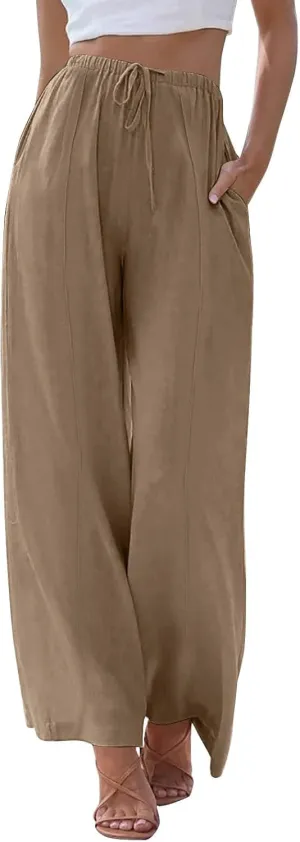 Womens Summer Palazzo Linen Pants Casual Loose High Waist Wide Leg Pant Boho Flowy Beach Vacation Lounge Trousers