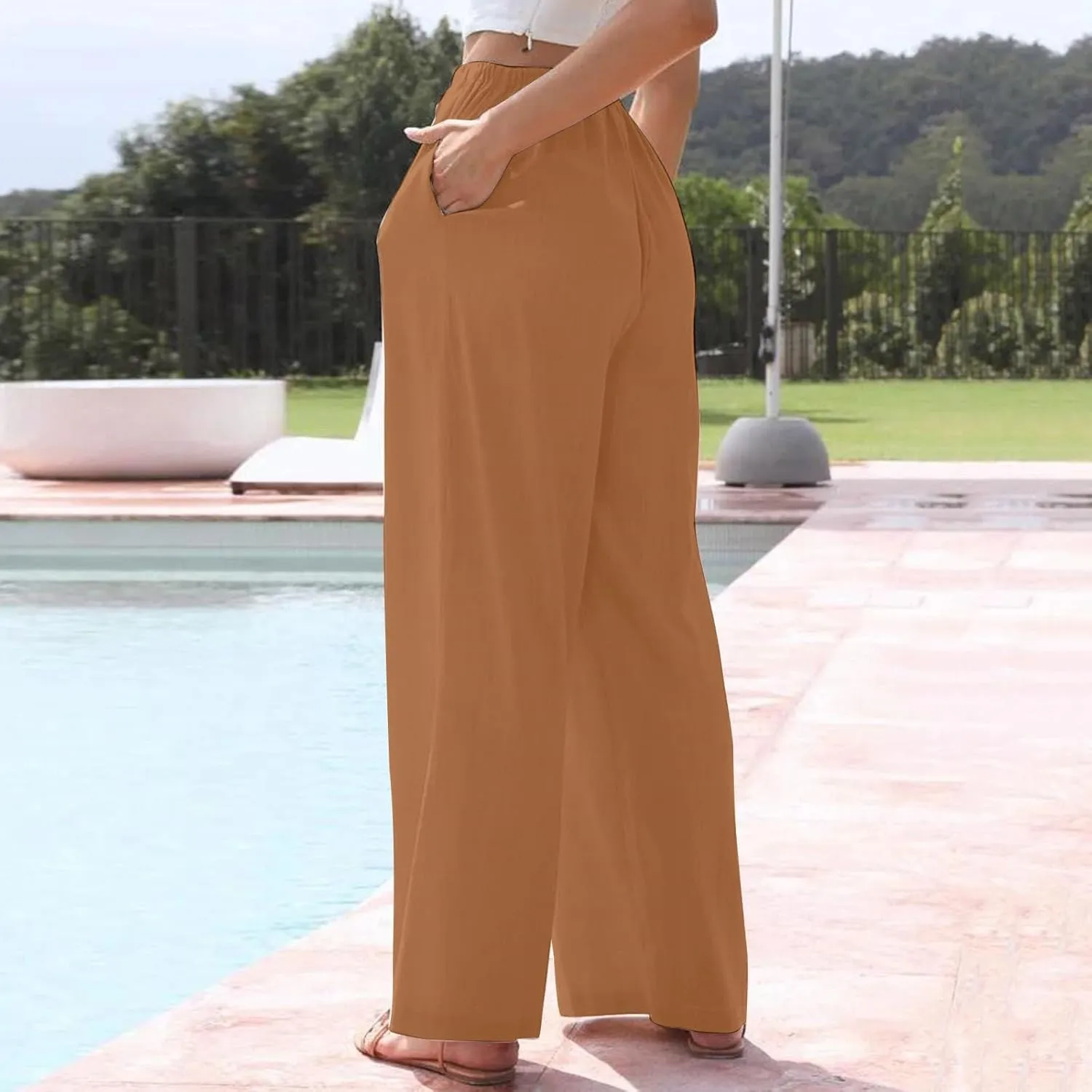 Womens Summer Palazzo Linen Pants Casual Loose High Waist Wide Leg Pant Boho Flowy Beach Vacation Lounge Trousers