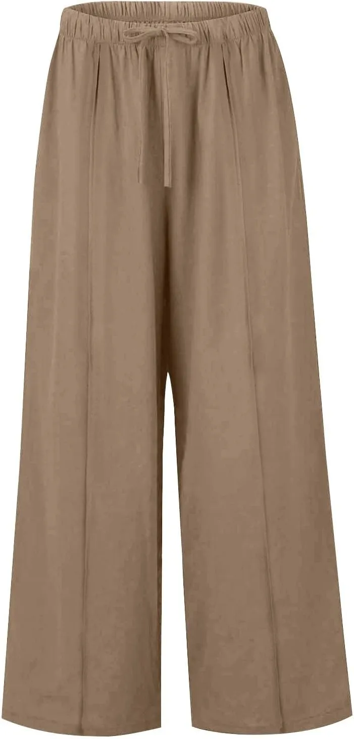 Womens Summer Palazzo Linen Pants Casual Loose High Waist Wide Leg Pant Boho Flowy Beach Vacation Lounge Trousers