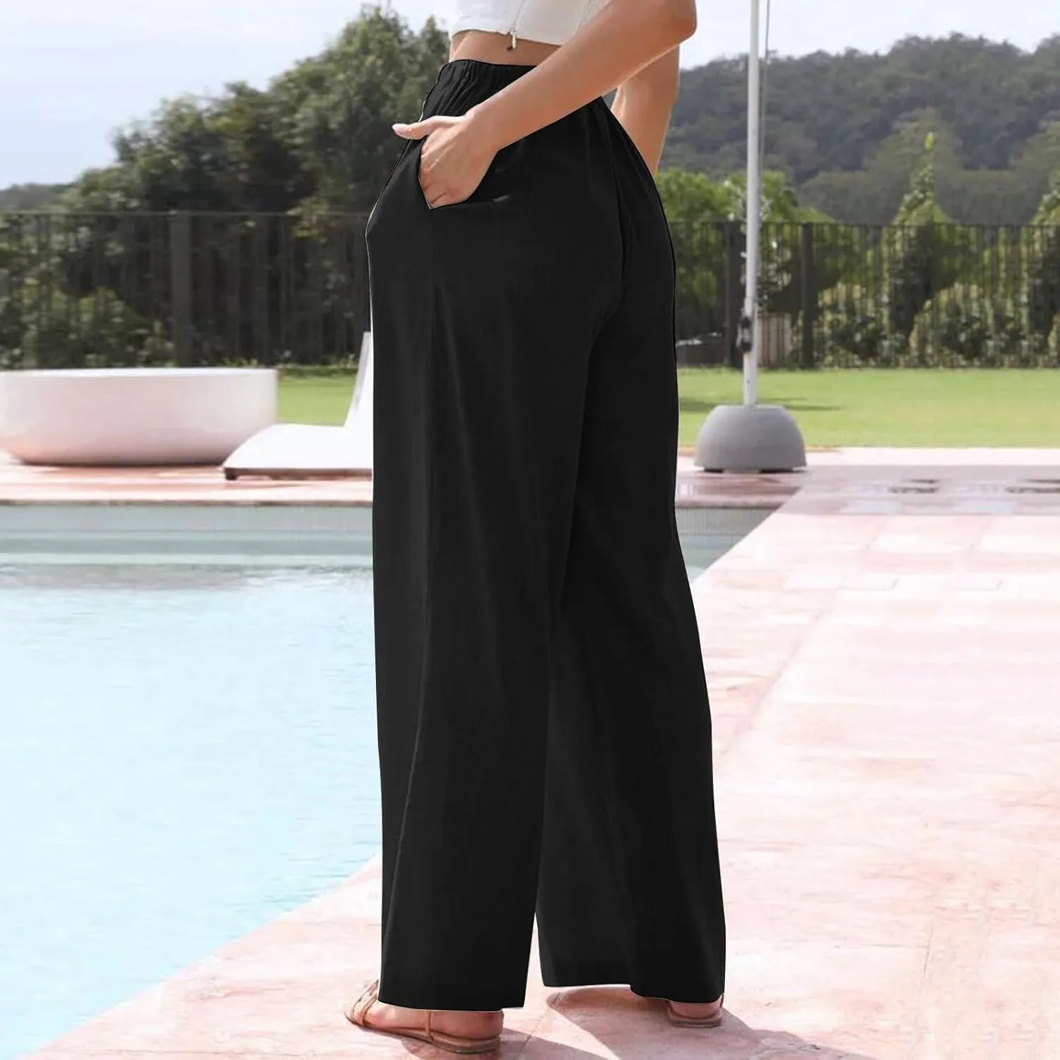 Womens Summer Palazzo Linen Pants Casual Loose High Waist Wide Leg Pant Boho Flowy Beach Vacation Lounge Trousers